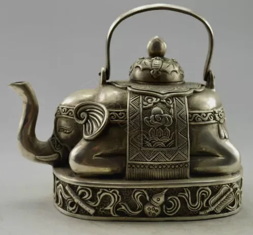 Антикварные отличные чайники ручной работы Miao Silver Carve Elephant Lucky Big Tea Pot