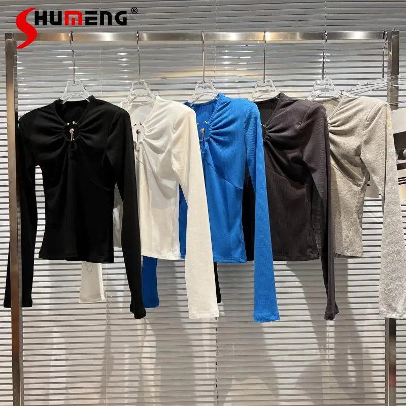

2022 Spring New Metal Ring Pleated Collar Sexy Hollow T-shirt Women Socialite Padded Shoulder Slim Long Sleeve Tshirt Ladies Top