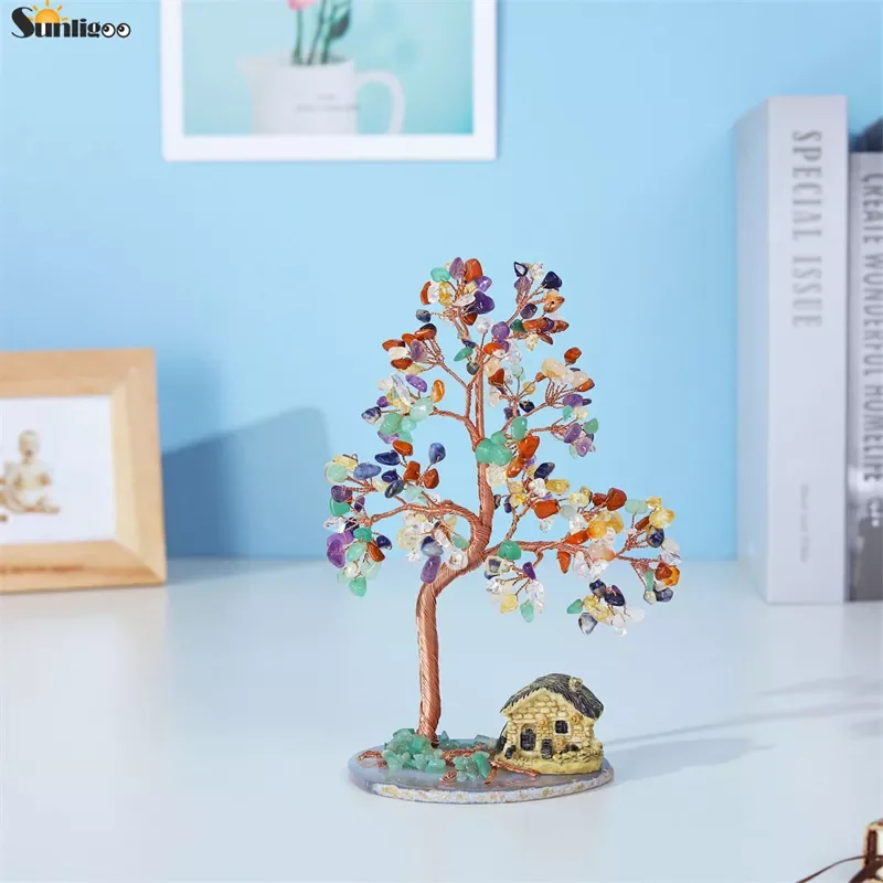 

Sunligoo Crystal Tree Ornament Copper Wire Wrapped W/ Agate Slice Base Resin House Gemstone Money Trees Feng Shui Home Room Deco