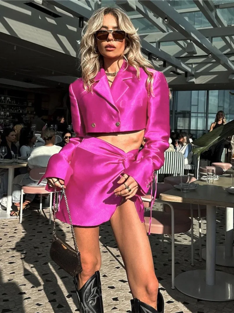 

Модный осенний комплект из 2 предметов, женский двубортный укороченный пиджак и мини-юбка с разрезом, элегантные женские комплекты, женская одежда