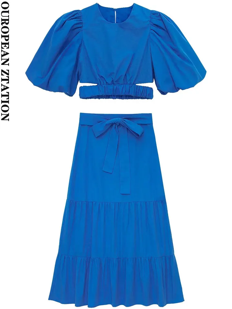

PAILETE Women 2022 fashion with puff sleeves poplin cropped blouses or high waist back zipper midi skirts female suits mujer
