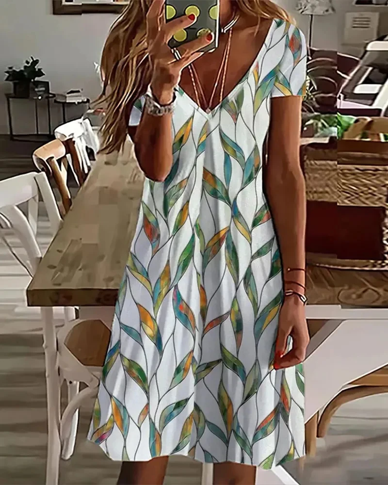 

Plants Print V-Neck Casual Dress