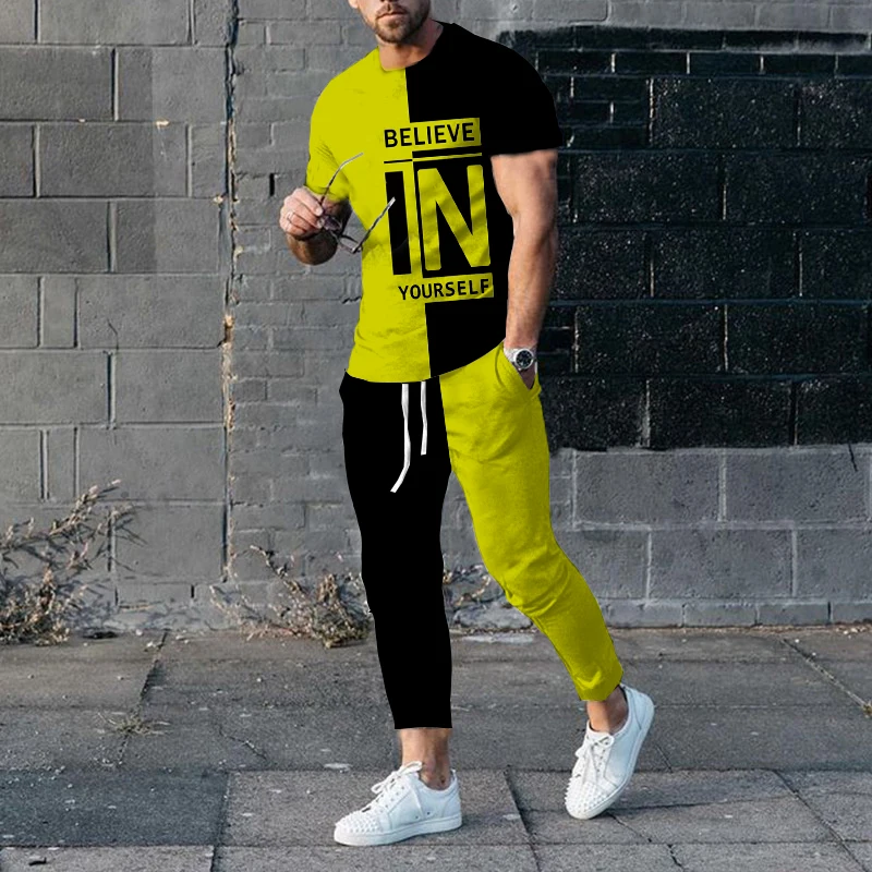 New Men's Summer T-shirt Suit Fashion Loose Casual Believe In Yourself Streetwear Oversized Outdoor Sportswear Suit