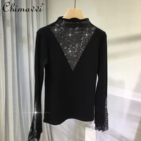 embroidery drilling inner wear bottoming shirt womens shiny slimming o neckline t shirt 2022 spring female black outer wear top