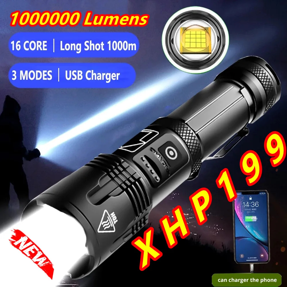 

1000000LM Most Powerful LED Flashlight Zoom USB Rechargeable XHP199.9 XHP50 Torch light Tactical Camp flashLight 5200mAh battery