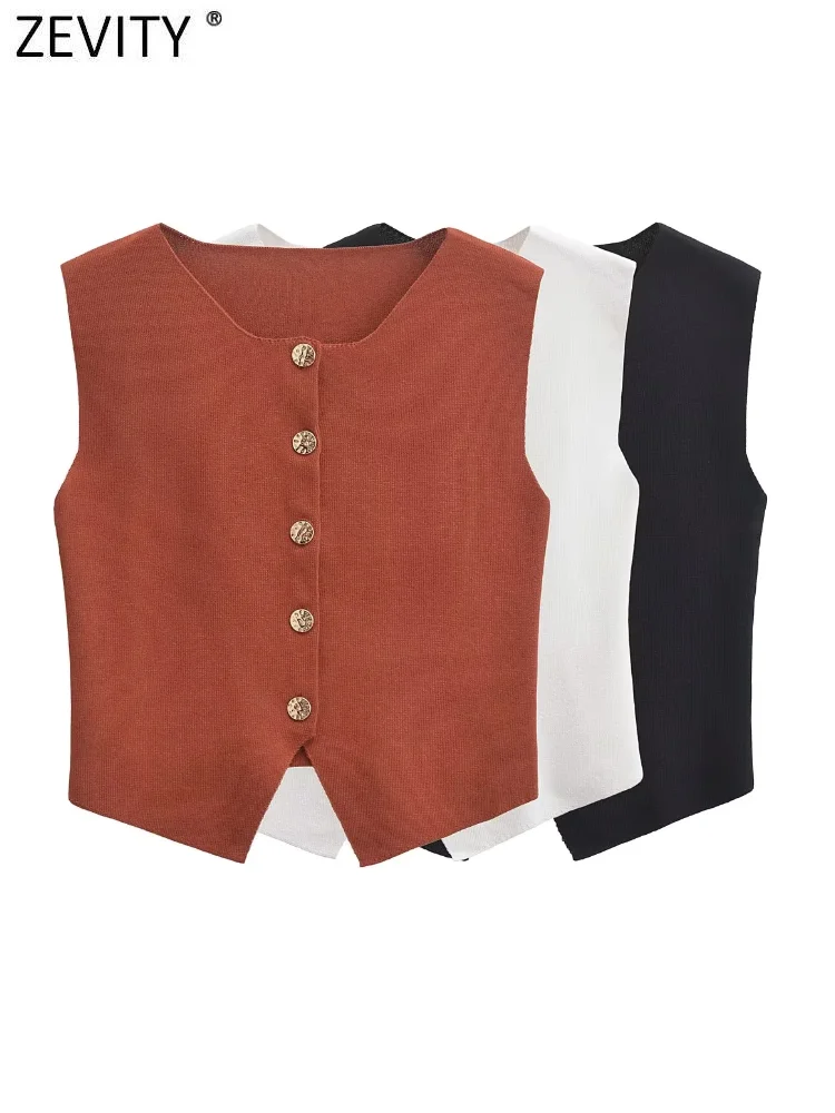 Zevity новинка 2024 женский модный однотонный вязаный жилет без рукавов с круглым