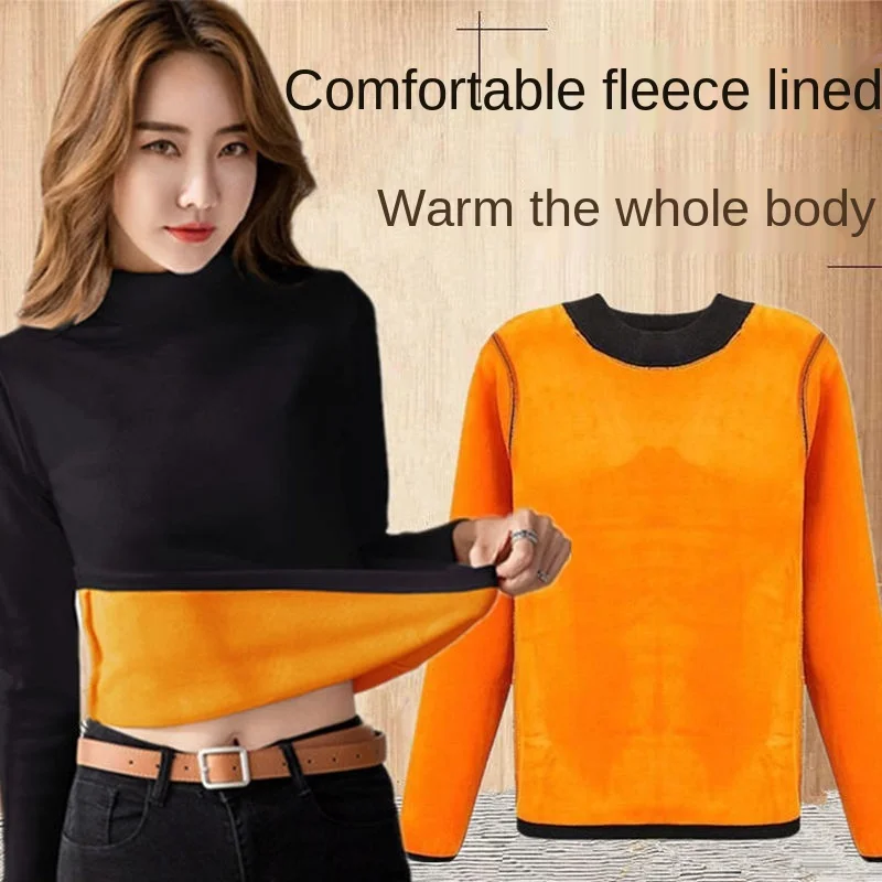 Winter Thermal Underwear Women Thickened Autumn Long Sleeve Velvet Tops Mid-high Collar Round Neck Bottoming Shirt