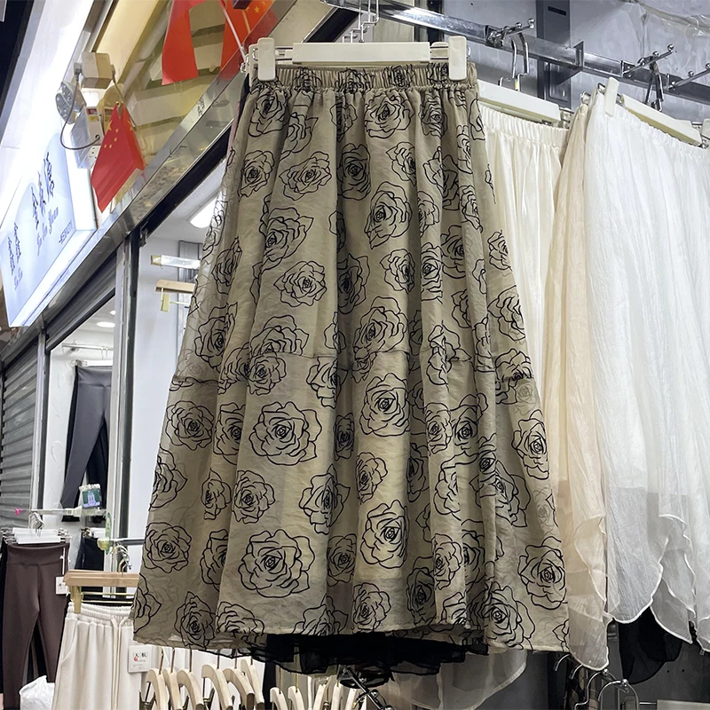 

Elastic Floral A-Line Skirts High-Waisted Mid-Length Retro Faldas Mujer Moda All-Match Casual Korean Fashion Dropshipping