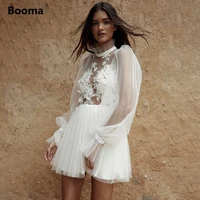 booma simple backless short wedding dresses long sleeves pleated tulle mini bride dresses flowers illusion civil wedding gowns