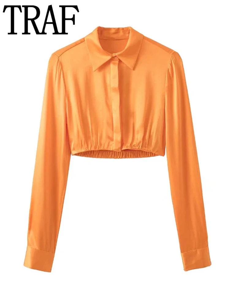 

Топ женский атласный с воротником-стойкой, на пуговицах, с длинным рукавом