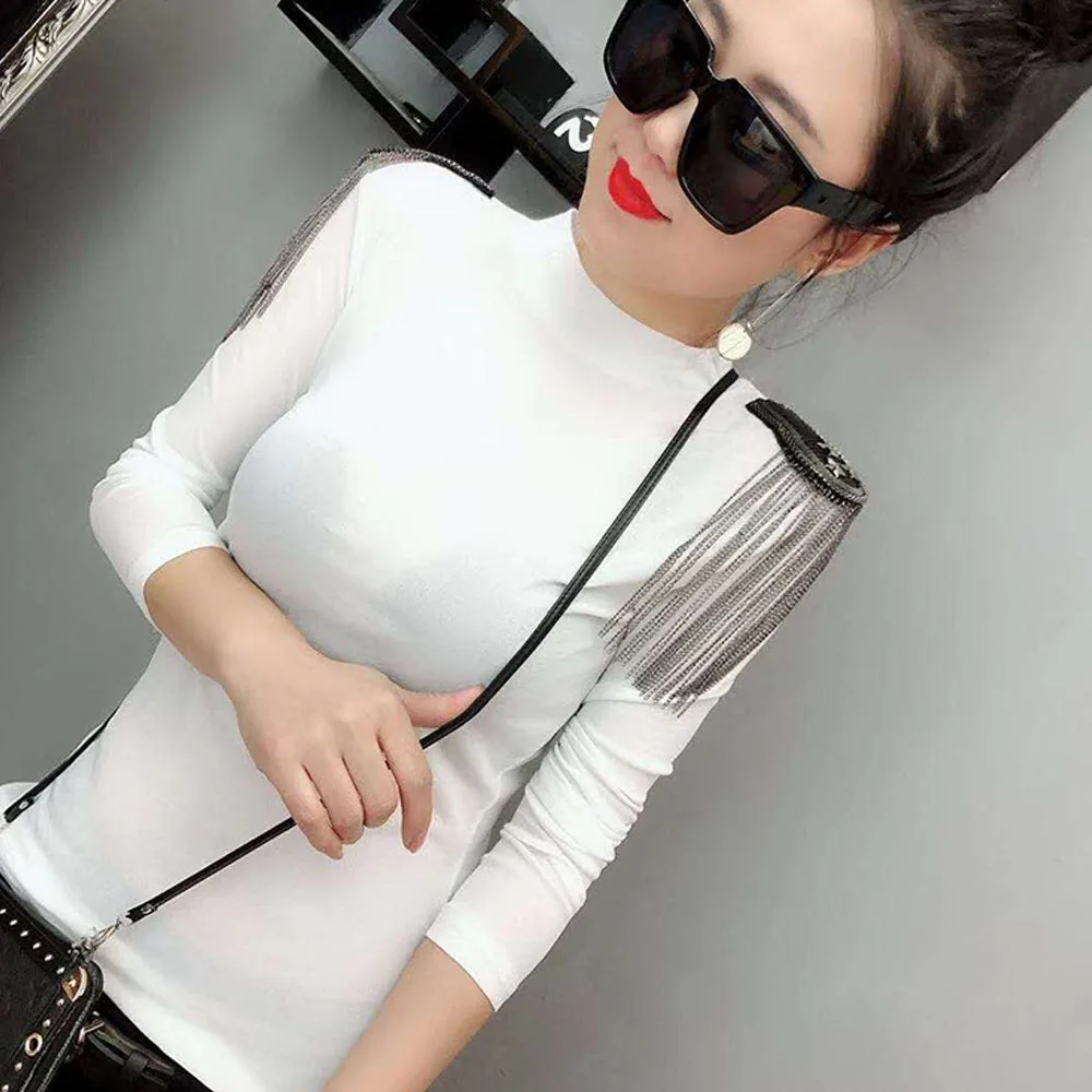 

Spring Autumn New Round Neck Tassel Women's T-shirt Slim Long Sleeve Tops Bottoming Shirt Korean Version Gauze Tshirt Women Tee