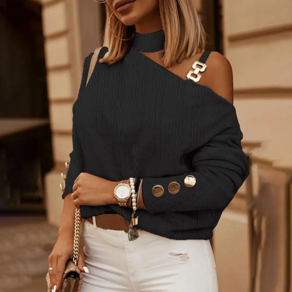 

Women Loose Cut Shirt Chic One-shoulder Women's Tops Hollow Out Halter Neck Button Decor Soft Loose for Fall Spring Fashion