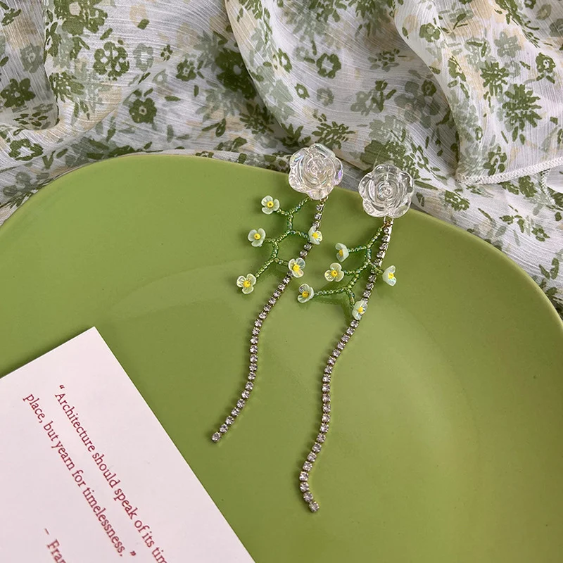 

Minar Fairy Transparent Resin Flower Earring for Women Femme Shiny Rhinestone Long Branches Hanging Drop Earrings Party Jewelry