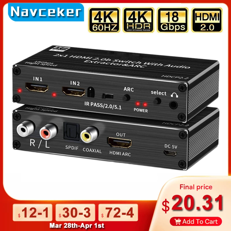 Extractor de Audio HDMI 2022, compatible con 4K, 60Hz, YUV, 4:4:4, HDR,...