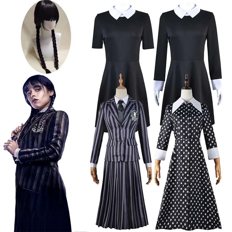 

Wednesday Addams Cosplay Costumes School Uniforms Suit Halloween Masquerade Party Black Printed Dress Wednesday Braid wig