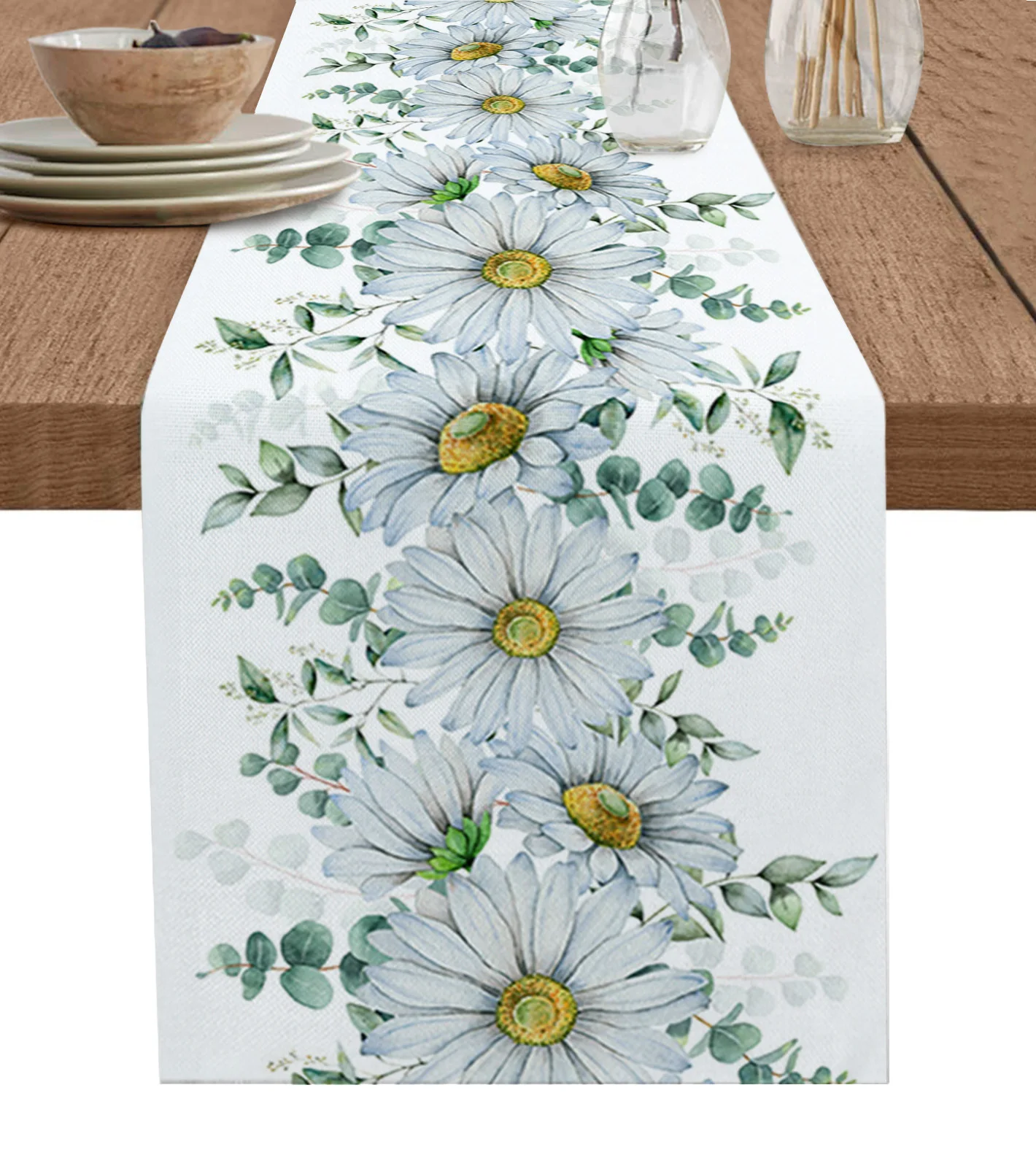 

Eucalyptus Leaves Daisy Flower Plant Table Runner Kitchen Dining Table Decor Tablecloth Wedding Holiday Decor Table Runner