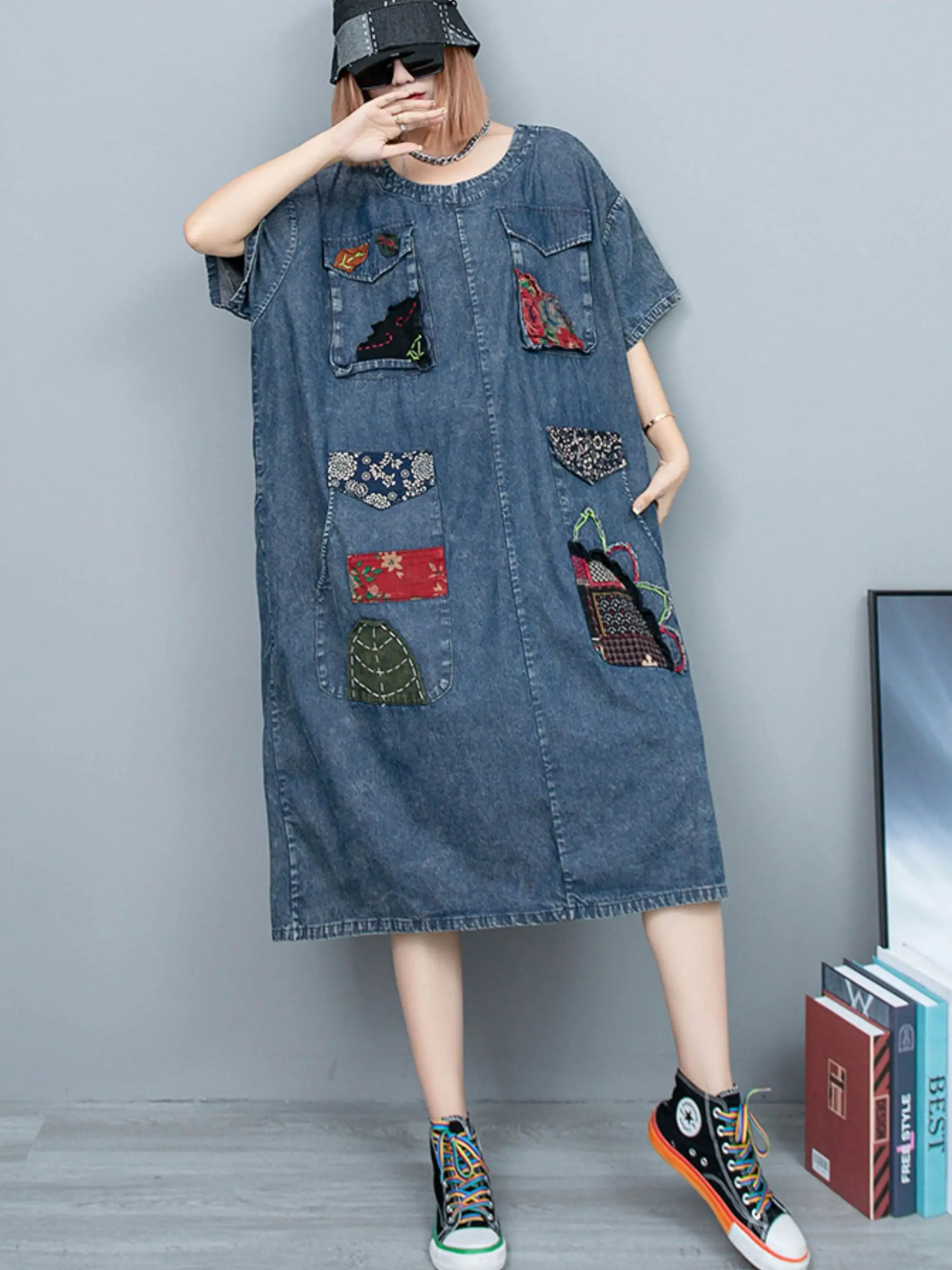 Heavy Industry Hand-emBroiDered Patch Korean Style OverSized Round Neck Short-Sleeved Denim Dress Female 2023 Summer Style