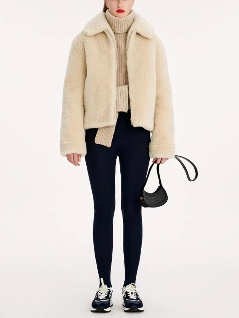 

2023 Winter New Warm Women Turn-Down Collar Wool Blend Straight Furry Warm Coat Ladies Zipper Casual Simple Fashion Jacket