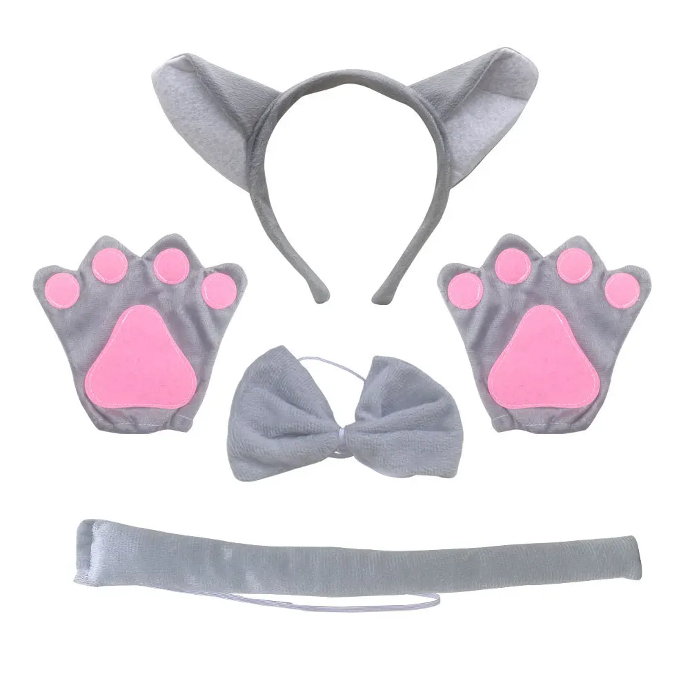 Повязка на голову с большими серыми волчьими ушками комплект из перчаток бантом