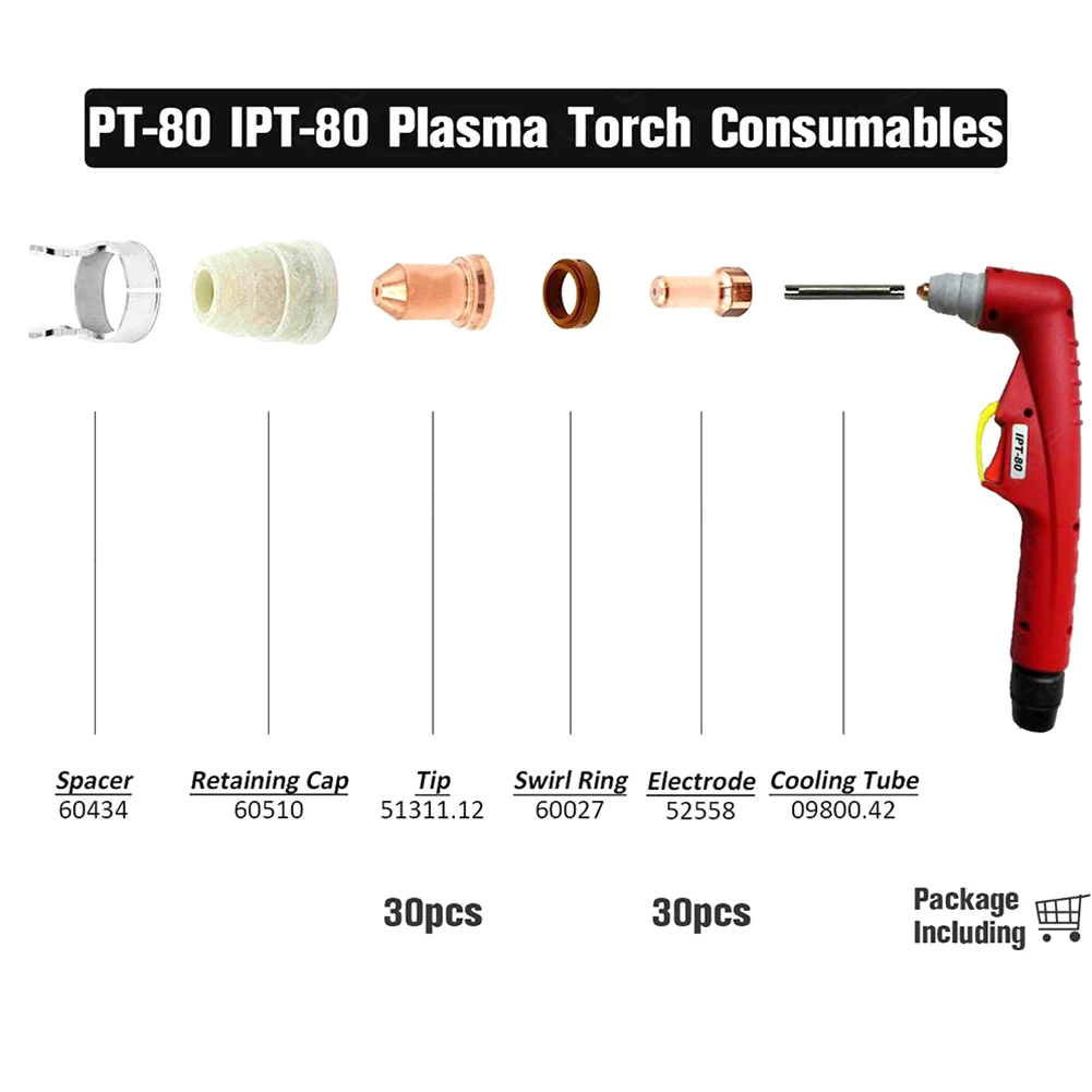 

Plasma Cutter Kit Torch Nozzle Accessories IPT-80 PT-80 PT80 Replacement 1.2mm Tips 52558 51311.12 60pcs Brand New