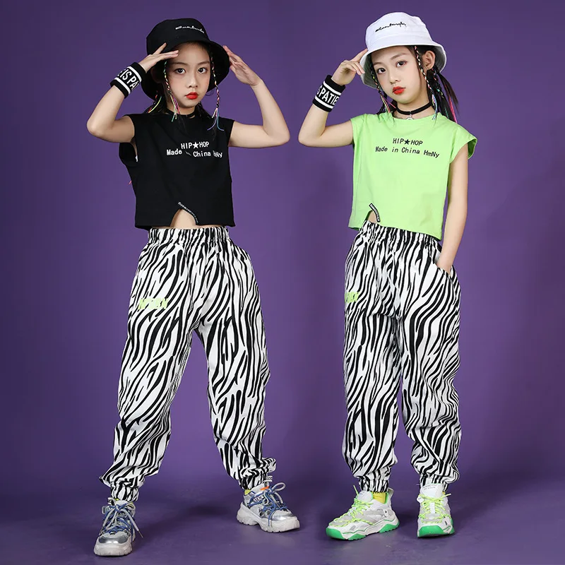

Летняя одежда для девочек в стиле K-POP, одежда в стиле хип-хоп, новинка, модный жилет без рукавов и брюки с принтом зебры, Детский костюм для джазовых танцев