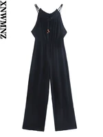 xnwmnz 2022 women fashion resort style jumpsuit casual v neck beaded thin straps elastic waist side slit female chic jumpsuit