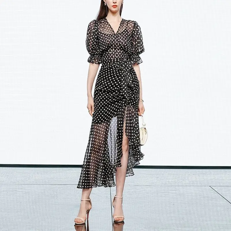

Elegant Lantern Sleeve Printing Long Dresses Women Summer Fashion V Neck Geometric Collage Dress Boho Beach Dresses for Women