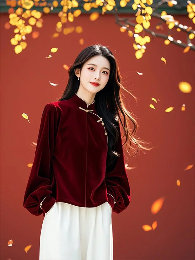 Women clothes Beautiful Shirt Shirts Top Counter Velvet New Chinese Sle Autumn and Winter 24 National Long ...