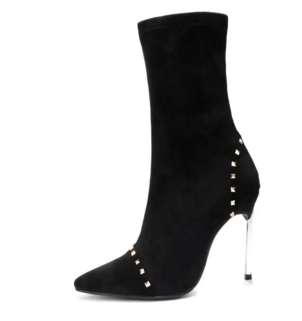 

Spring Autumn Woman Pointy Stiletto Heel High Heel Ankle Boots Fashion All-Match Rivets Elastic Mid Boots Black Grey