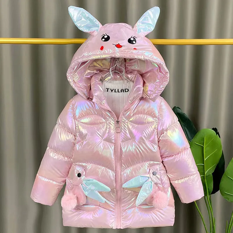 

2023 Winter Jacket For Girls Coat Cute Rabbit Ears Waterproof Shiny Hooded Children Outerwear 1-8 Year Baby Kids Parkas Snowsuit