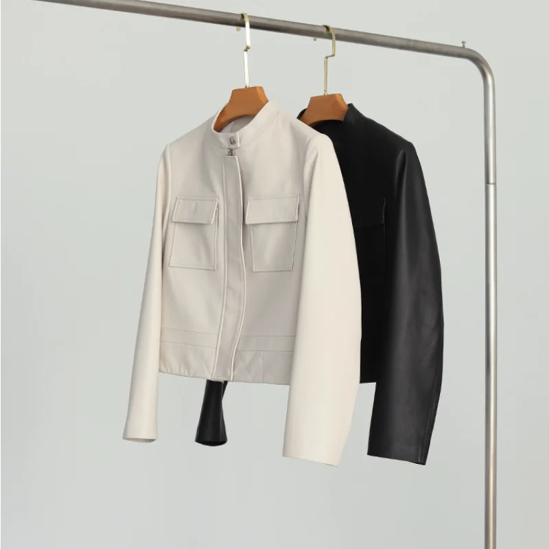 

Женская короткая мотоциклетная куртка из натуральной овечьей кожи, женское белое кожаное пальто, женская куртка Zm1677