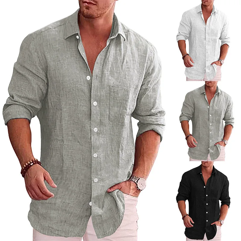 

2022 Fashion Autumn Men's Cotton Linen Shirts Solid Color Long Sleeve Lapel Shirts Men's Casual Handsome Men's Shirts Tops