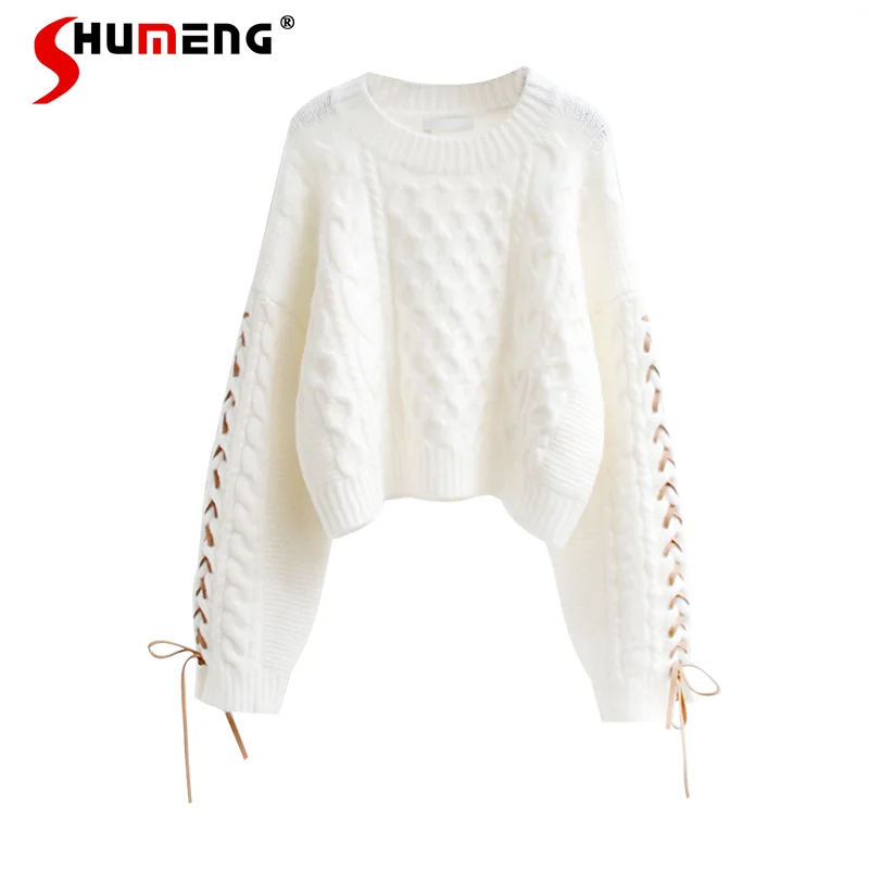 

Autumn and Winter New Loose Pullover Lazy Sweater Women's Korean Style Sense of Design Knotted Short Knitwear Coat Top