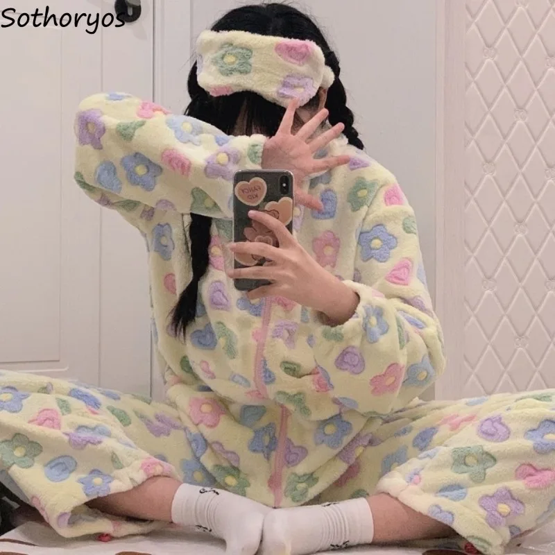 

Pajama Sets Women Kawaii Prints Winter Zip-up Sleepwear Aesthetic Loose Simple Casual Schoolgirls Aesthetic Lounge Clothes New