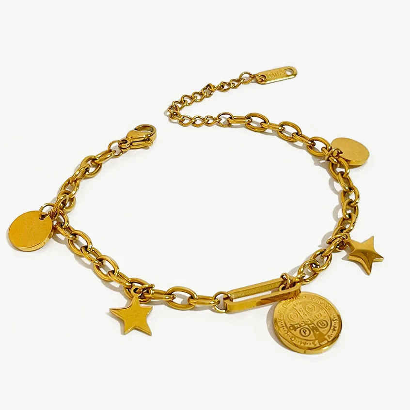 

Peri'sbox Exquisite Titanium Steel Stars Coin Charm Bracelet Gold Color Oval Chain Bangle Bracelets For Women 2021 Trend Jewelry