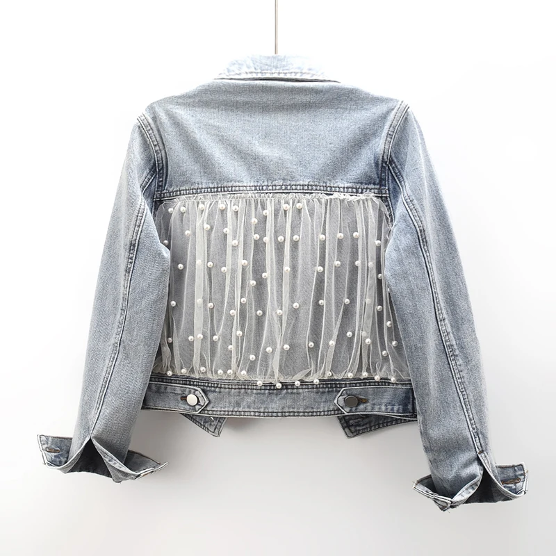 Винтажная светло-голубая сетчатая джинсовая куртка с бисером женская ковбойская
