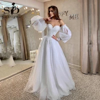 off the shoulder boho wedding gowns lace applique 2022 robe mariage princess tulle bridal dress puff sleeves