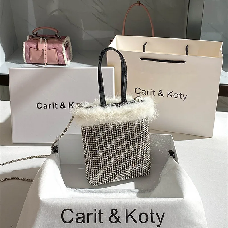 

Autumn and Winter New Fashion Versatile Plush Rhinestone Bag Single-shoulder Straddle Pearl Chain Party Dress Women's Handbag