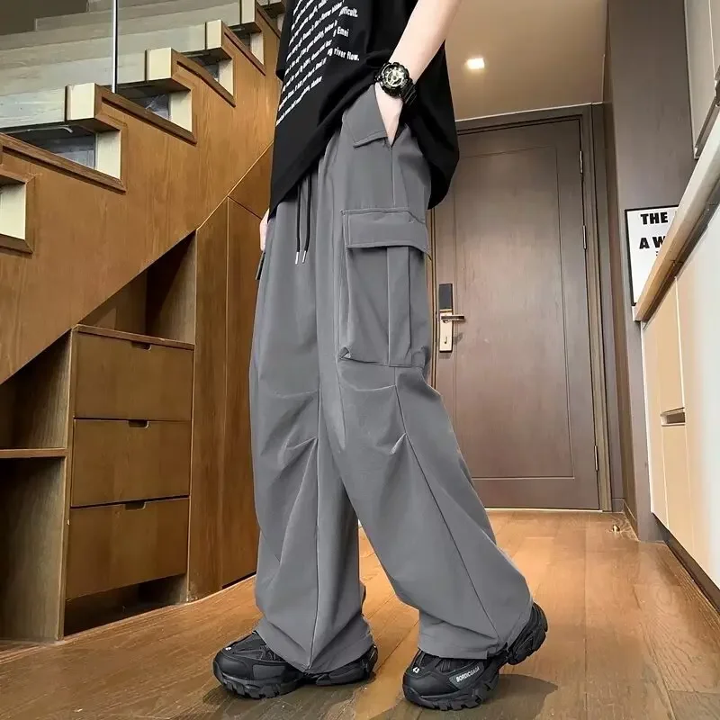 High Street Style American Speed Dry Cargo Pants Summer Mid Waist Slimming Drawstring Design Casual Trousers Grey
