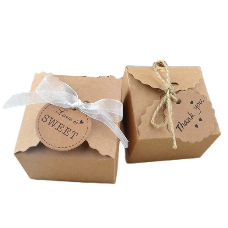 

10/20/30Pcs Wavy Kraft Paper Candy Box Floral Sweet Favor Gift Boxes Packaging Bag With Ribbon Birthday Wedding Party Decoration