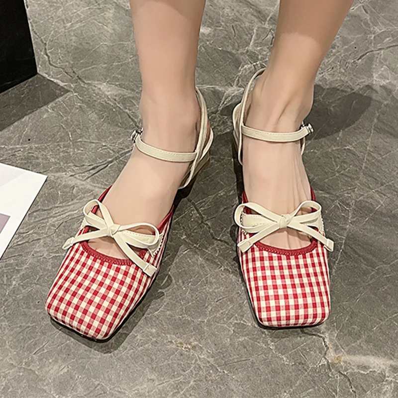 

New Women Chunky Bow Sandals Summer Square Toe Mid Heels Fashion Shoes 2023 Slingbacks Pumps Dress Lady Slides Slippers Zapatos
