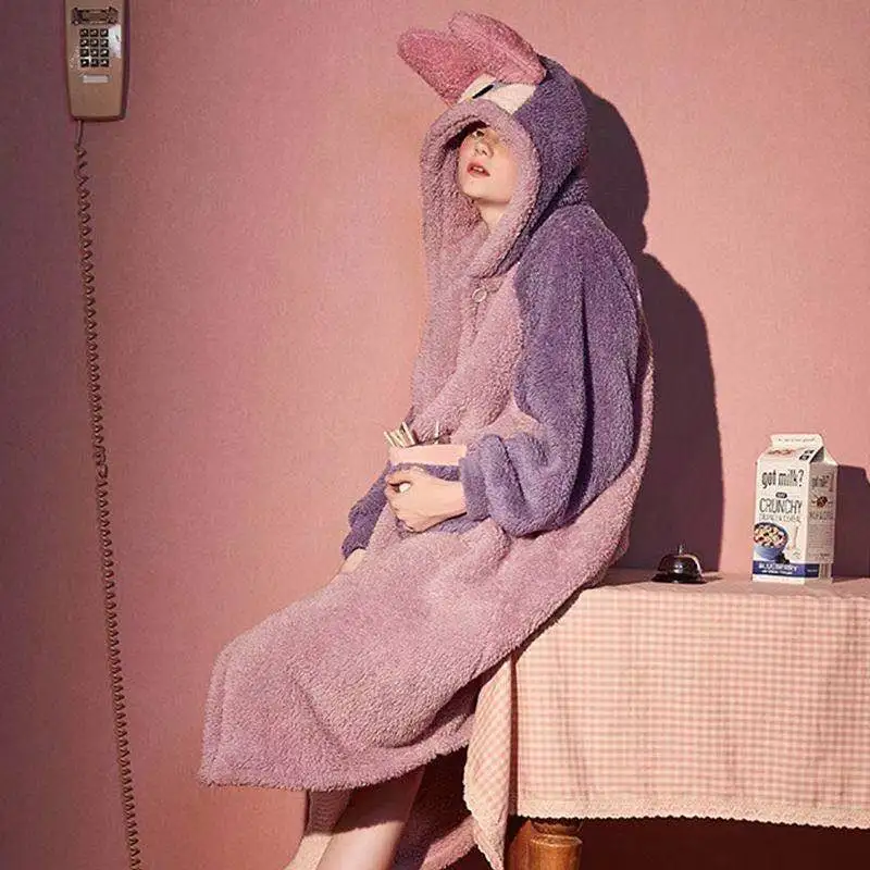 Cute Home Clothes Women Plush Soft Hooded Winter Warm Flannel Nightgowns Robes Kids Girls Thick Pajamas Cartoon Flannel Bathrobe