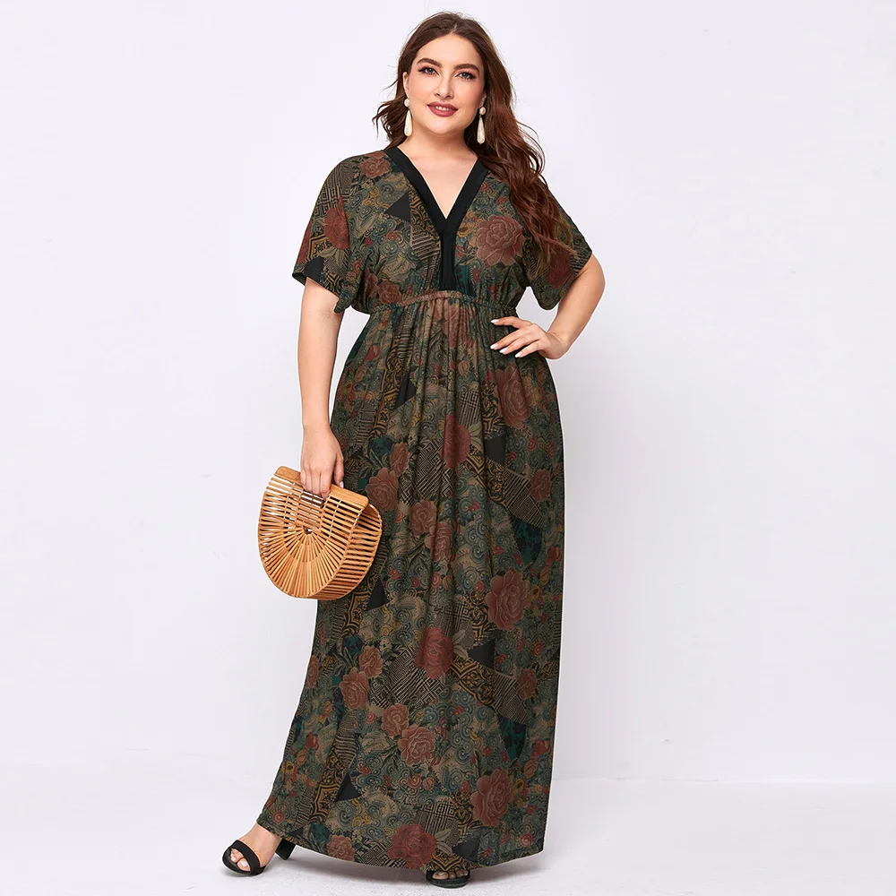 

Retro Printing Vintage Dress Plus Size Women Summer V Neck Short Sleeve Maxi Long Dresses V Backless Dubai Muslim Dress