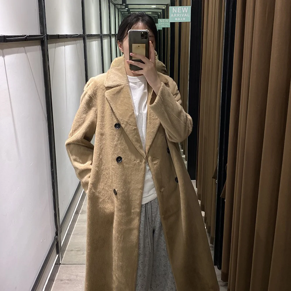 PB&ZA Women's Winter Coat Faux Fur Double-breasted Long Female Clothing Fluffy Overcoat Elegant Solid Casual Oversize Outerwear