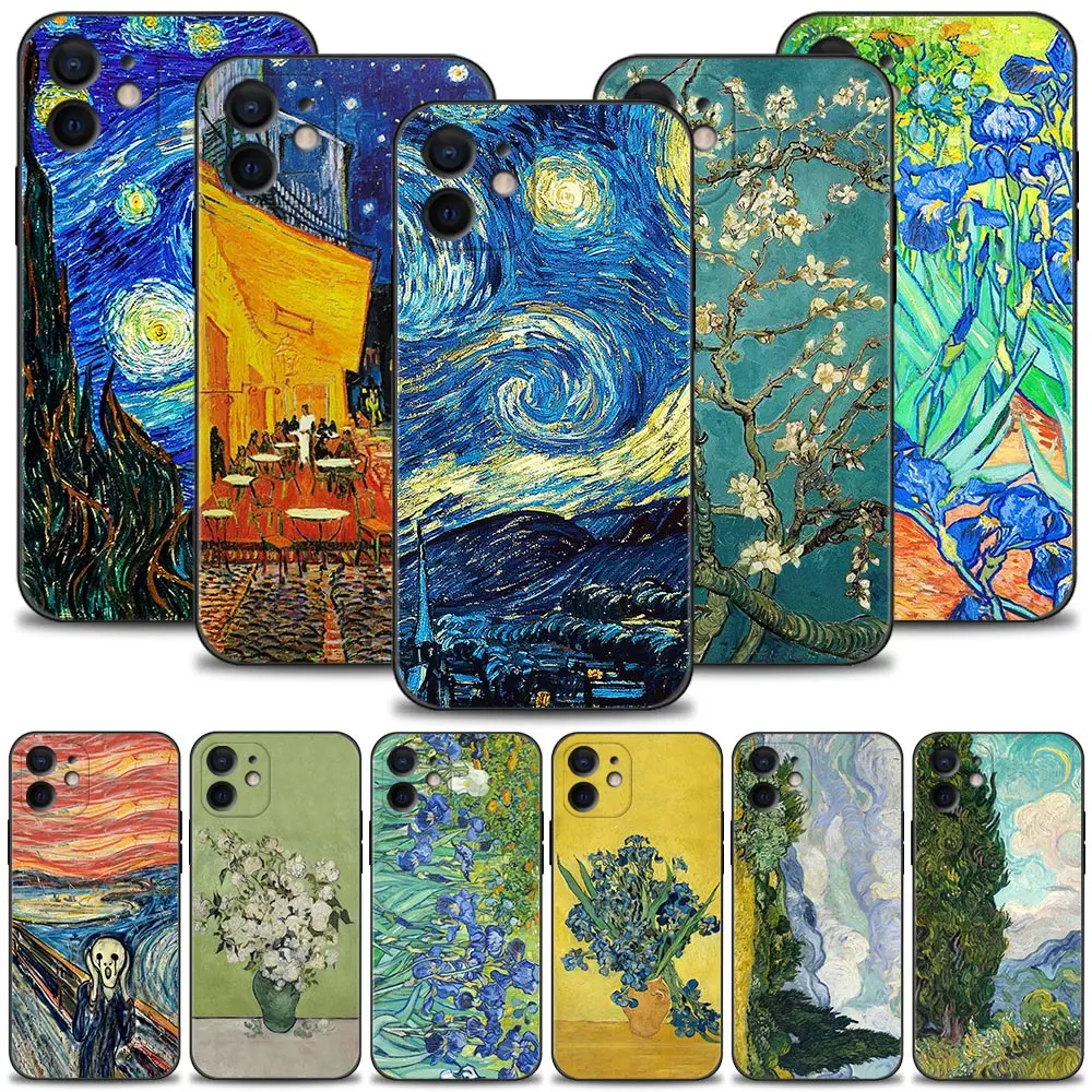 

Phone Case For iPhone 14 13 12 11 Pro Max XS Max XR X 7 8 Plus 12 Mini 6S Silicone Black Shell Van Gogh Starry Sky Art