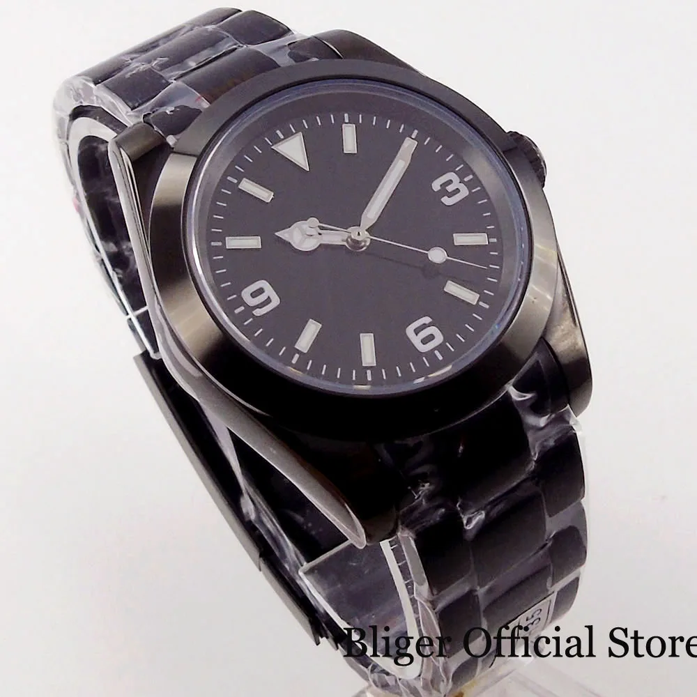 BLIGER 36mm 39mm Black PVD Case Men Watch NH35A MIYOTA 8215 PT5000 Movement Flat Sapphire Crystal Green Luminous Hand - купить по