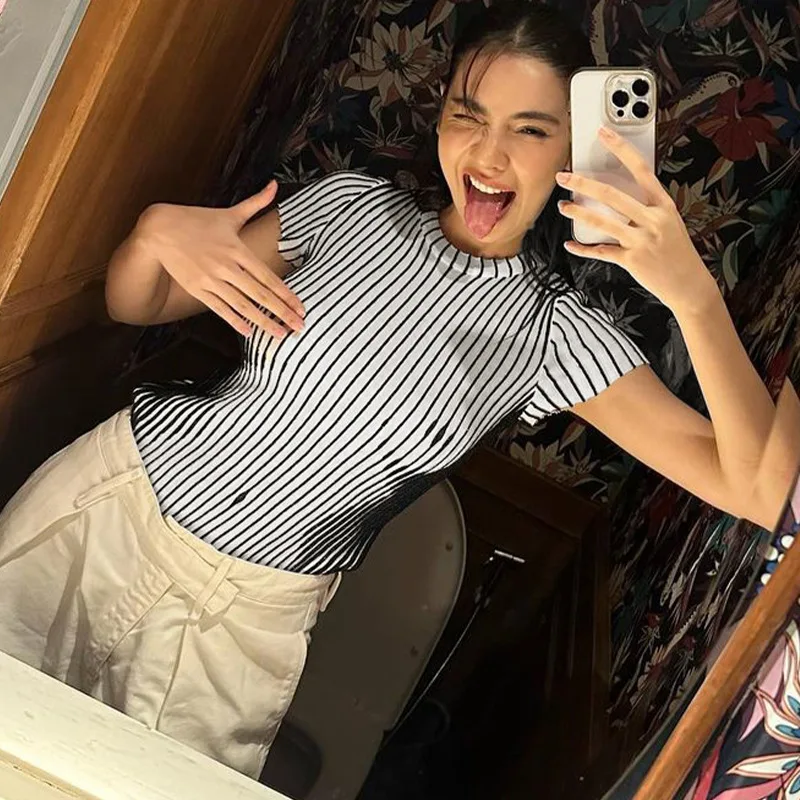 

3D Striped Print Slim Casual Long T Shirts Women Summer 2023 O Neck Short Sleeves All Match Y2k Tops Concise Hipster Streetwear