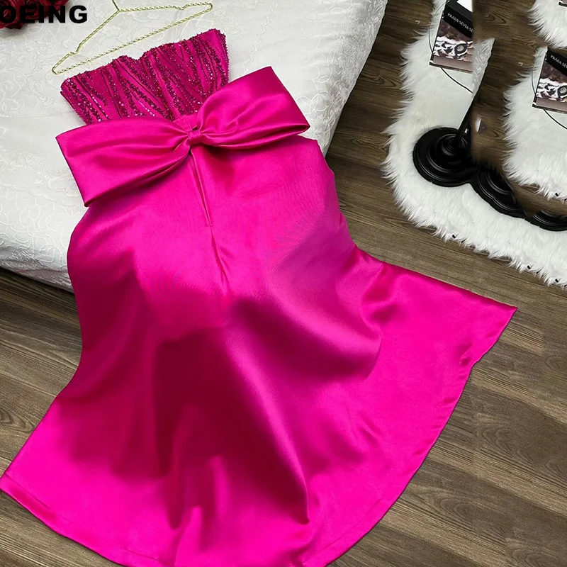 

OEING Rose Red Evening Dresess Chic Strapless Pleated Elegant Prom Dress Special Occasion Gowns With Bow Vestidos De Novia