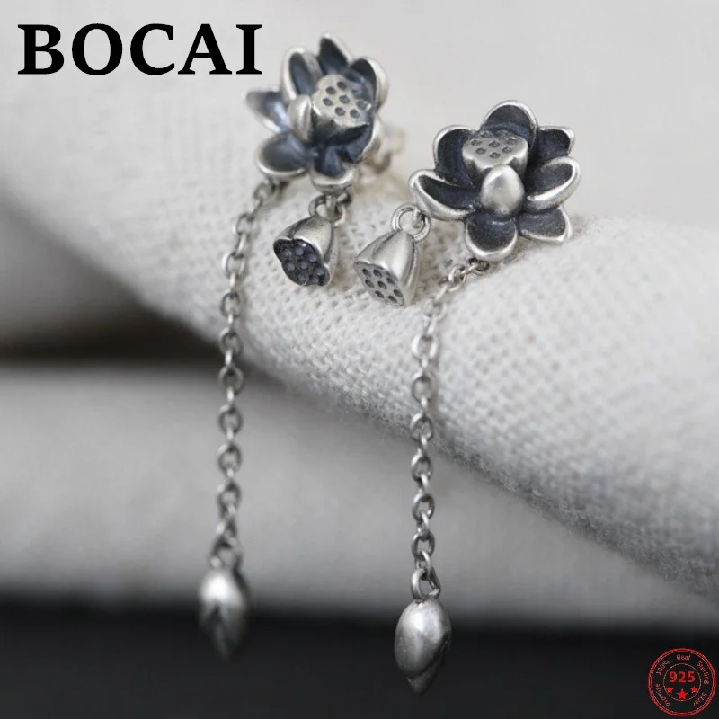 

BOCAI S925 Sterling Silver Earrings for Women New Fashion Classic Thai Silver Personality Flower Tassel Pure Argentum Ear Studs