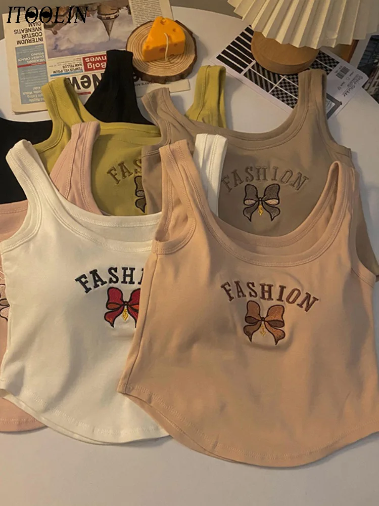 

Elliexi Y2K Women Sexy Irregular Camis With Bra Pad Bowknot Letter Printed Tank Tops Cute Crop Tops For Women Running Tops
